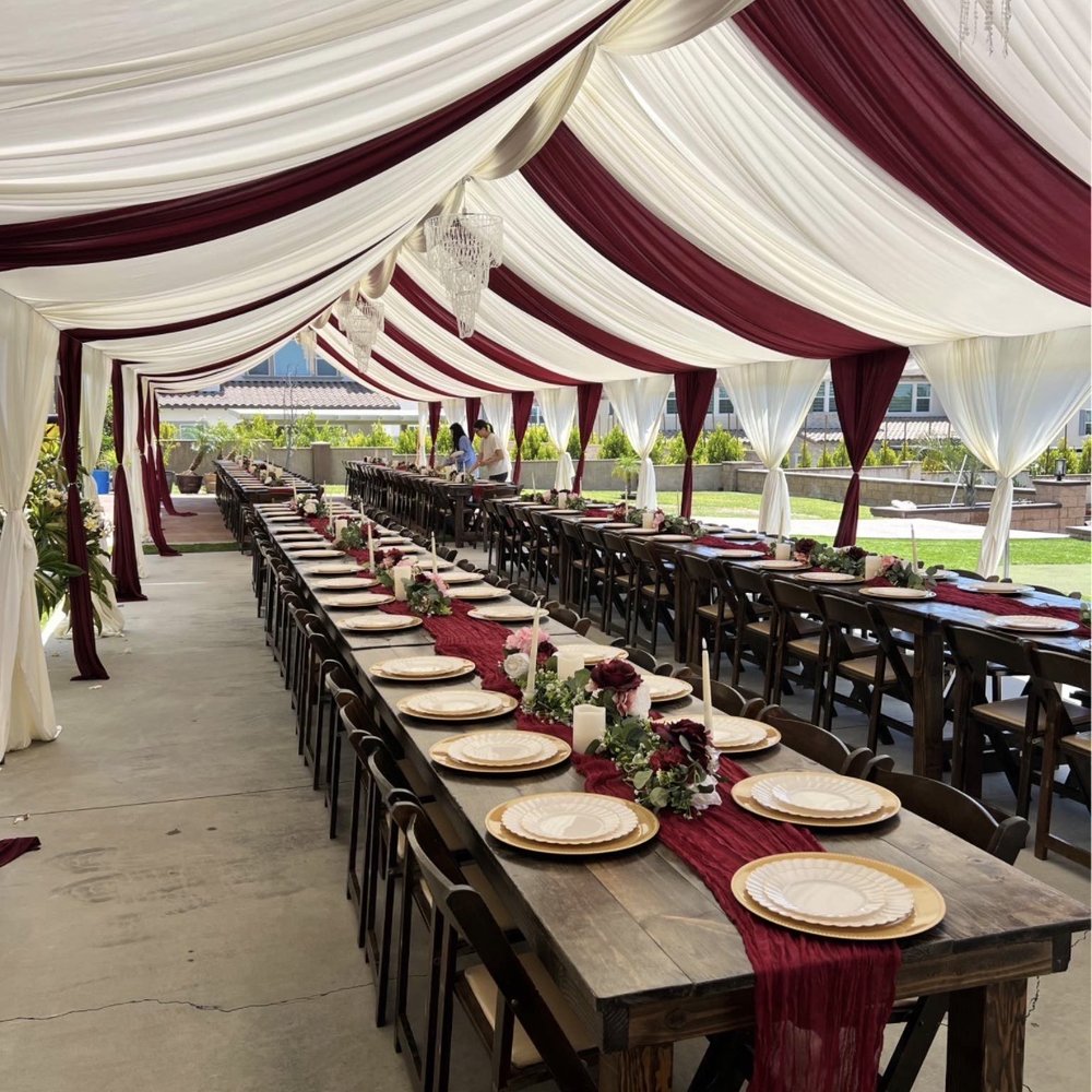 Quinceañera rentals Atlanta — tent with round tables, Chiavari chairs